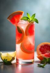A fresh grapefruit mojito cocktail in a tall glass, decorated with pink grapefruit slices and mint