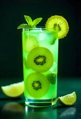 A refreshing green kiwi mojito cocktail decorated with kiwi slices lime wedges and mint leaves