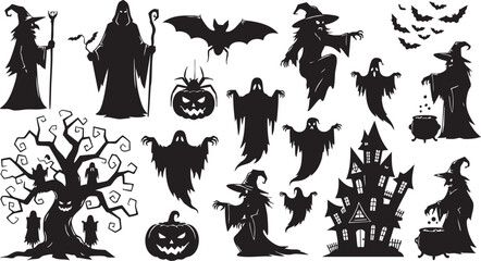 Illustration of silhouettes of halloween characters, including witch, ghost, bat, spider, pumpkin and haunted house