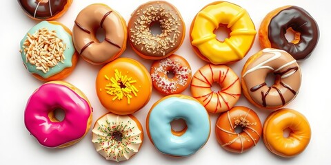 A vibrant collage of assorted donuts in various glazes and toppings, arranged artfully on a clean white background,  illustration,  collage