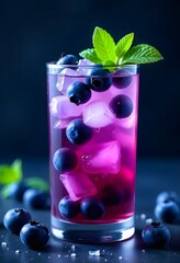 A stylish blueberry mojito cocktail garnished with fresh blueberries and mint