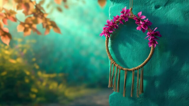 Floral wreath handmade craft boho decor macrame hoop pink orchid turquoise wall tassel fringe rustic style soft bokeh dreamy light hanging ornament