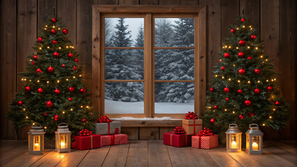 Cozy christmas scene with two decorated trees glowing lanterns and wrapped presents viewed through a snowy window