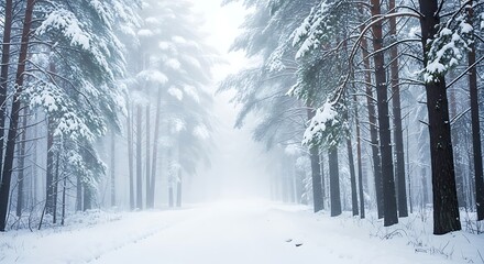 Naklejka premium Winter Serenity Snow-Covered Road Through a Forest