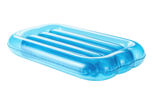 A translucent, rectangular, inflatable pool float in shades of blue, with ribbed support structure