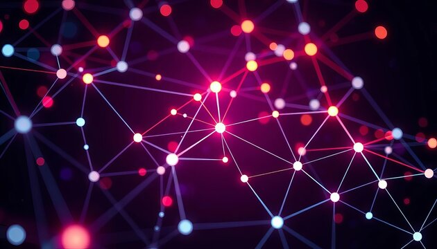 Abstract glowing network nodes and connections on dark background, communication, reality