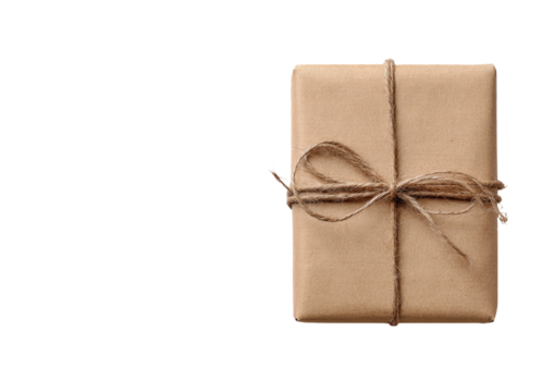 Rectangular present wrapped in brown paper, tied with twine, on a black background