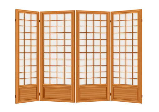 Folding, wooden screen with grid-like panels of white. Four sections stand on black