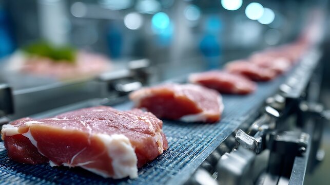 Pork Meat on Conveyor Belt in Food Processing Factory Operation