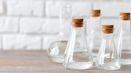 Assortment of empty glass bottles displayed on rustic wooden table surface empty glass bottles on weathered wooden table ideal for reuse and display.