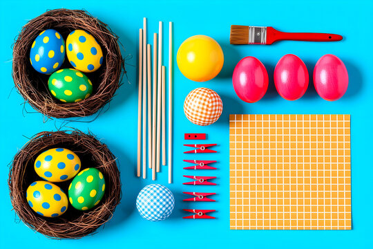 Brightly decorated Easter eggs displayed in a festive flat lay.