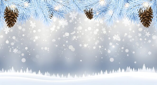 Winter scene with snowy branches and pine cones on a blurred background