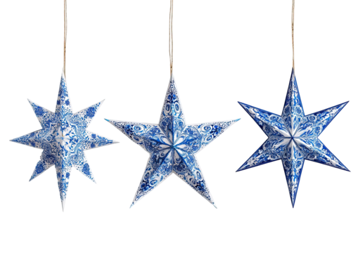 Three ornate, paper-like blue and white stars hang against a black background