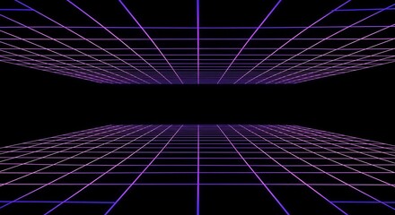 Abstract sci-fi background featuring a glowing purple neon grid stretching into a digital horizon, evoking a retro 80s synthwave and futuristic cyberspace aesthetic