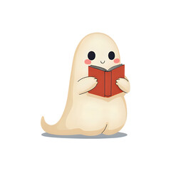 Cozy ghost reading book watercolor Halloween illustration vector.