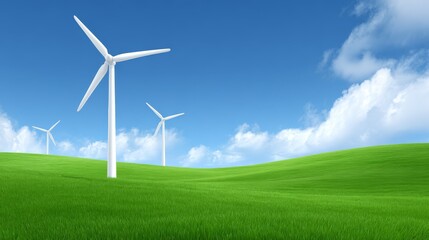 Fototapeta premium Expansive green field landscape with towering wind turbine symbolizing sustainable energy clean power generation and environmental harmony.