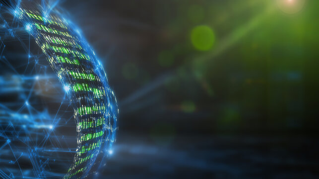 Futuristic digital globe with glowing binary code, representing technology and connectivity. - Powered by Adobe