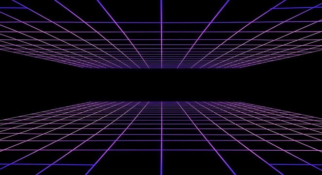 Abstract sci-fi background featuring a glowing purple neon grid stretching into a digital horizon, evoking a retro 80s synthwave and futuristic cyberspace aesthetic