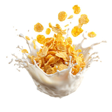 Corn flakes breakfast with milk splashes 