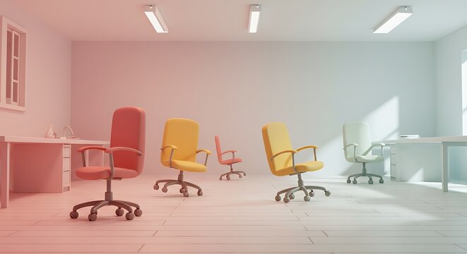 Office furniture, a collection of chairs and desks arranged in a well-lit room, conveying a sense of professionalism and productivity