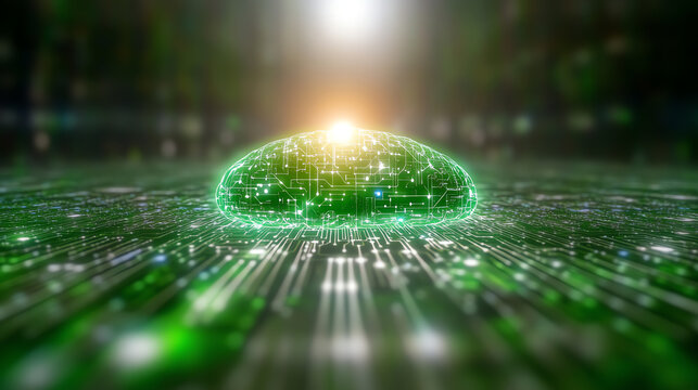 Futuristic digital landscape with glowing green orb and data streams, creating an immersive tech ambiance.