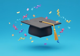 Graduation Cap Surrounded by Confetti Celebrating Academic Achievement and Future Success with Teal Background