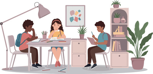 Children Study Together At A Desk With Books And Plants In Pastel Tones