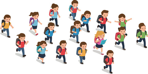 Children Running With Backpacks Minimal Flat Design Illustration