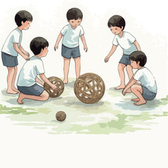 Children Playing Traditional Game With Woven Balls Outdoors on Grassy Field