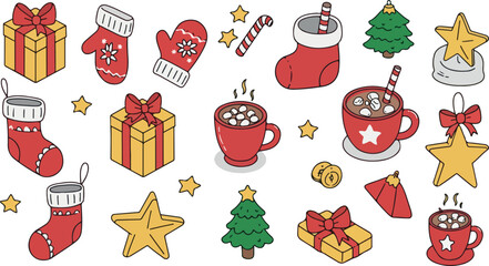 Christmas Icons Gift Mitten Hot Chocolate Star Tree Candy Cane Red Yellow