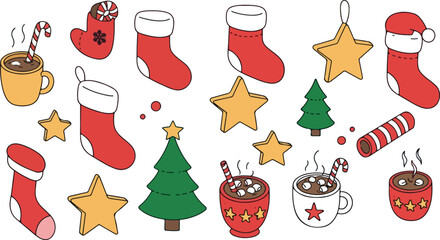 Christmas Stockings And Trees Hot Chocolate Stars Candy Cane Vector