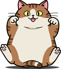 Chubby Brown Tabby Cat Sitting Playfully with Yellow Eyes and Pink Paws