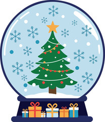 Christmas Snow Globe With Tree Presents And Snowflakes Flat Design