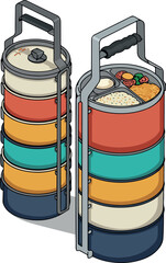 Colorful Stackable Food Carriers With Various Dishes Isolated On White Background