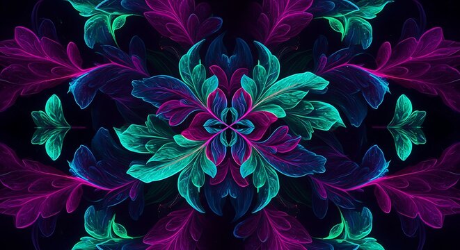 Ethereal symmetrical ornament of glowing feathery leaves in vivid cyan and magenta hues - Powered by Adobe