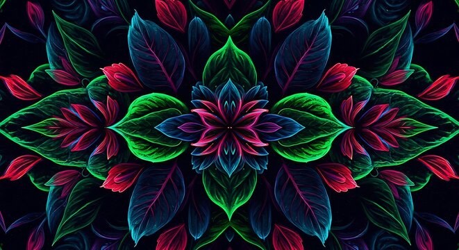 Vibrant glowing symmetrical floral pattern with neon leaves on a dark background, creating an abstract and psychedelic visual art design, perfect for a mystical wallpaper