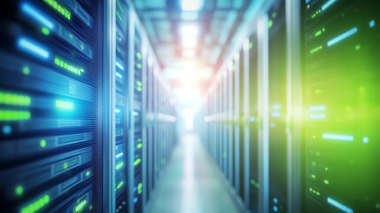 Futuristic server room with illuminated data storage racks in a high-tech network environment.