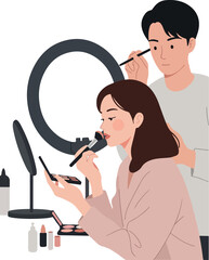 Couple Applying Makeup Together with Ring Light and Beauty Products
