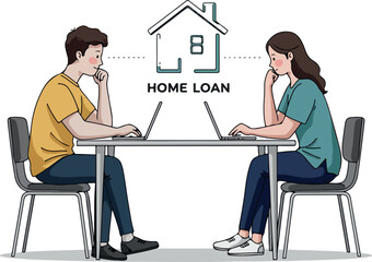 Couple Applying for Home Loan Online with Laptops at Table White Background