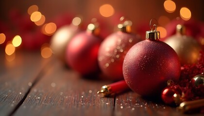 Elegant red and gold Christmas ornaments with soft bokeh lights background 
