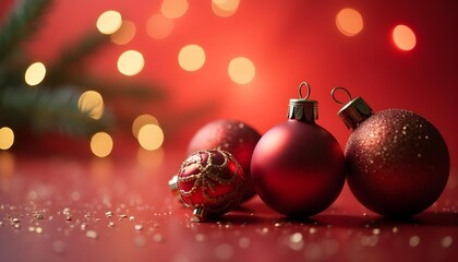 Elegant red and gold Christmas ornaments with soft bokeh lights background 