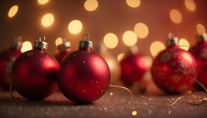 Elegant red and gold Christmas ornaments with soft bokeh lights background 