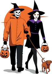 Couple in Halloween Witch Hats Carrying Pumpkin Baskets Walking Dog