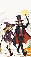 Couple in Halloween Costumes Walking With Jackolantern and Broomstick