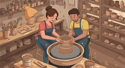 Couple Making Pottery Together on Wheel in Workshop Studio