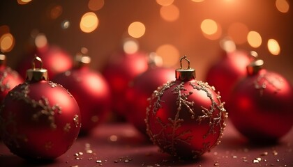Elegant red and gold Christmas ornaments with soft bokeh lights background 