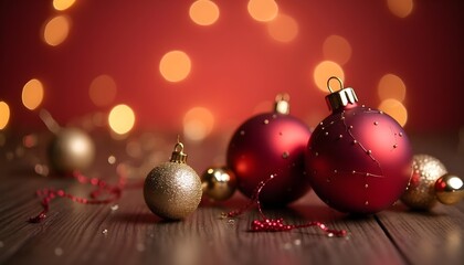 Elegant red and gold Christmas ornaments with soft bokeh lights background 