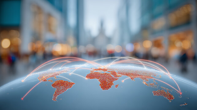 Global connectivity visualized with a digital map overlay in a bustling urban environment.