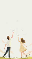 Couple Releasing Paper Airplanes Outdoors Yellow Dotted Dress Neutral Background