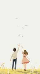 Couple Releasing Paper Airplanes in a Field with Birds Flying Above
